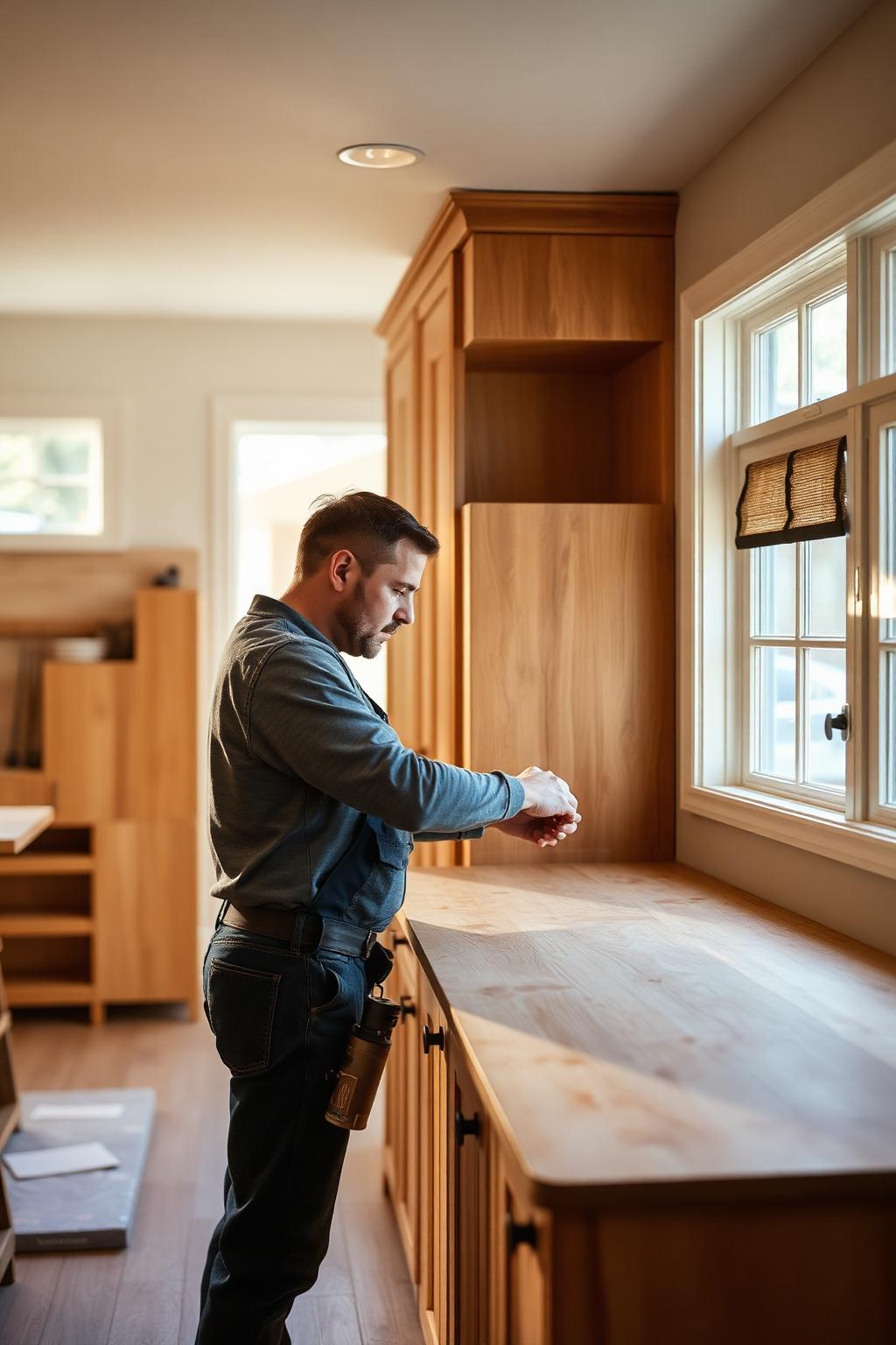 A skilled tradesperson installing custom cabinetry in a sunlit home